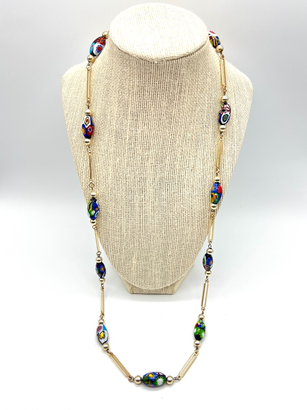VINTAGE Italian Millefiori Glass Necklace • 30” Long • Gold Tone • Murano Style